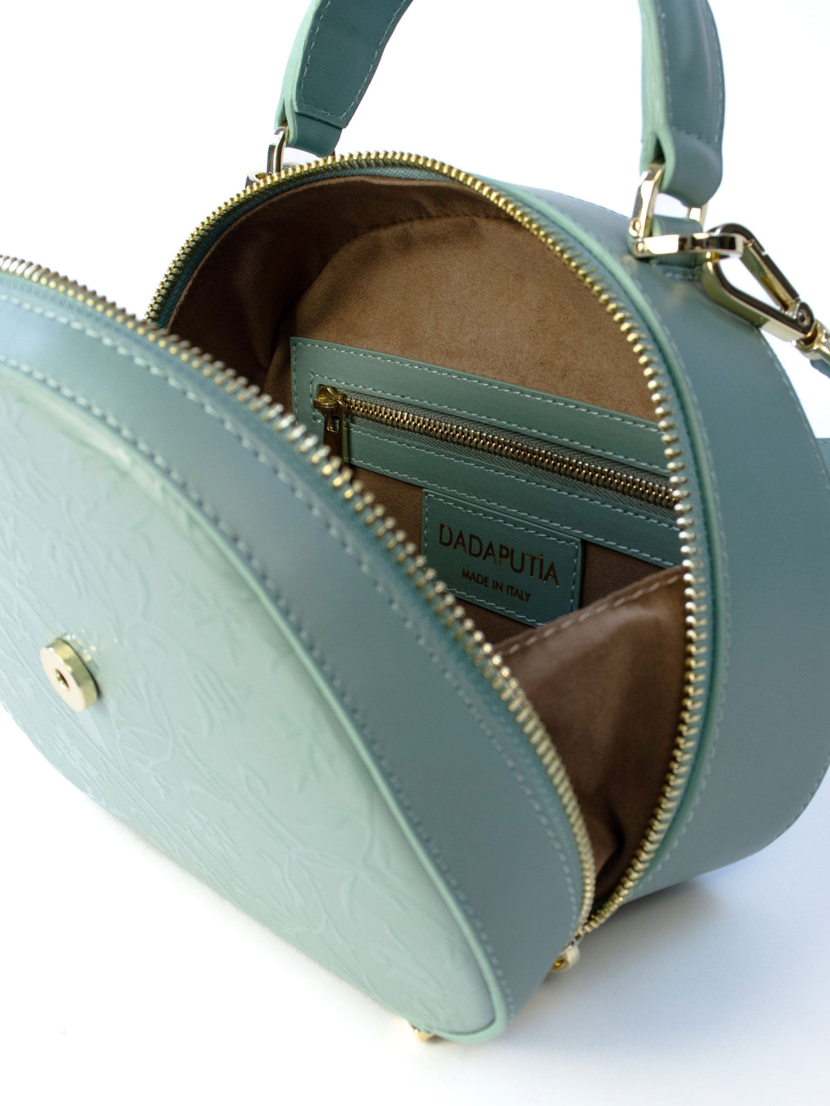 Armonia Bag – Luxury Italian leather handbag, handcrafted in Italy with premium materials. Genuine, premium quality Italian smooth calf leather, with structured and shiny hand feel, relief-printed with floral theme.