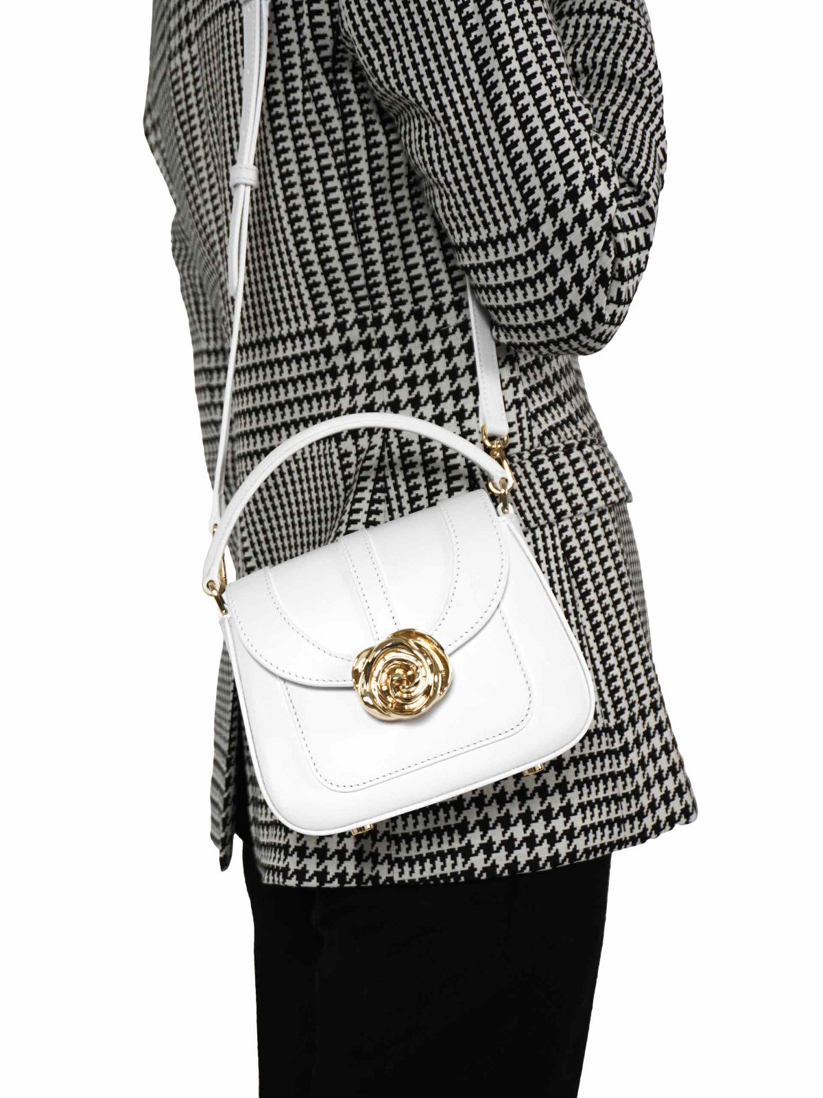 Beaumont Bag – Luxury handbag inspired by Versailles Gardens with 18-karat gold rose clasp, crafted in Italy, featuring a removable shoulder strap. French design, Made in Italy.