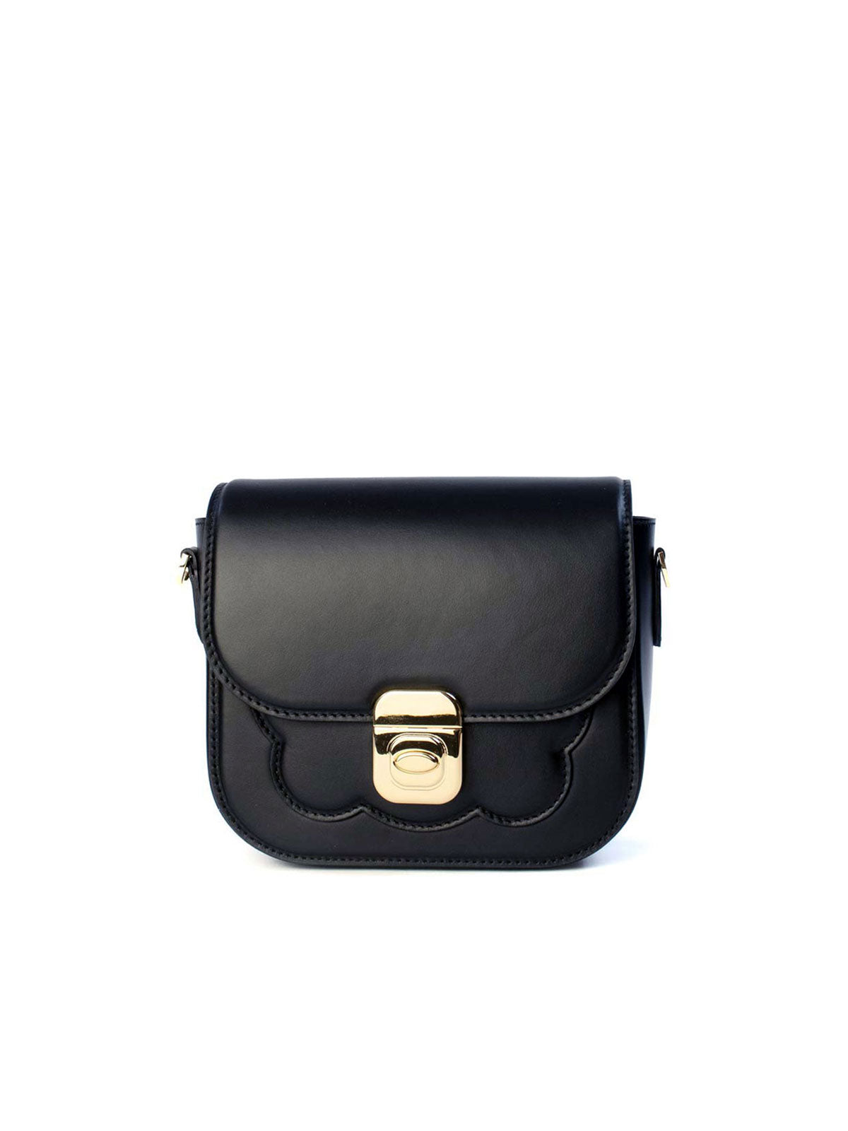 Biscuit Bag – Elegant calf leather handbag with scalloped compartment, button closure, and removable shoulder strap, handcrafted in Italy. French design, Italian made.