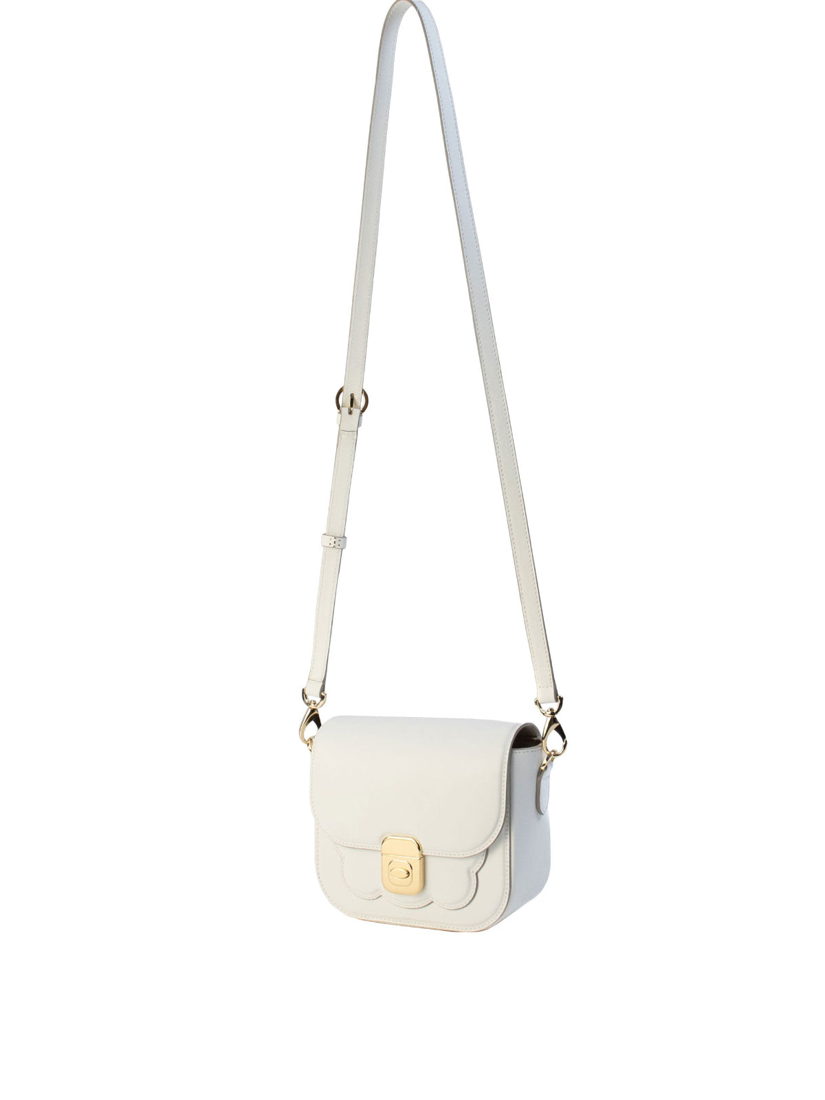 Biscuit Bag – Elegant calf leather handbag with scalloped compartment, button closure, and removable shoulder strap, handcrafted in Italy. French design, Italian made.
