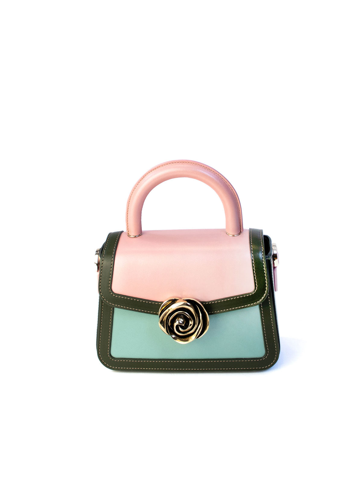 Candy Bag – French-deisnged, Italian made luxury handbag with smooth calf leather, rose-shaped clasp, and sleek design, crafted in Italy with premium materials.