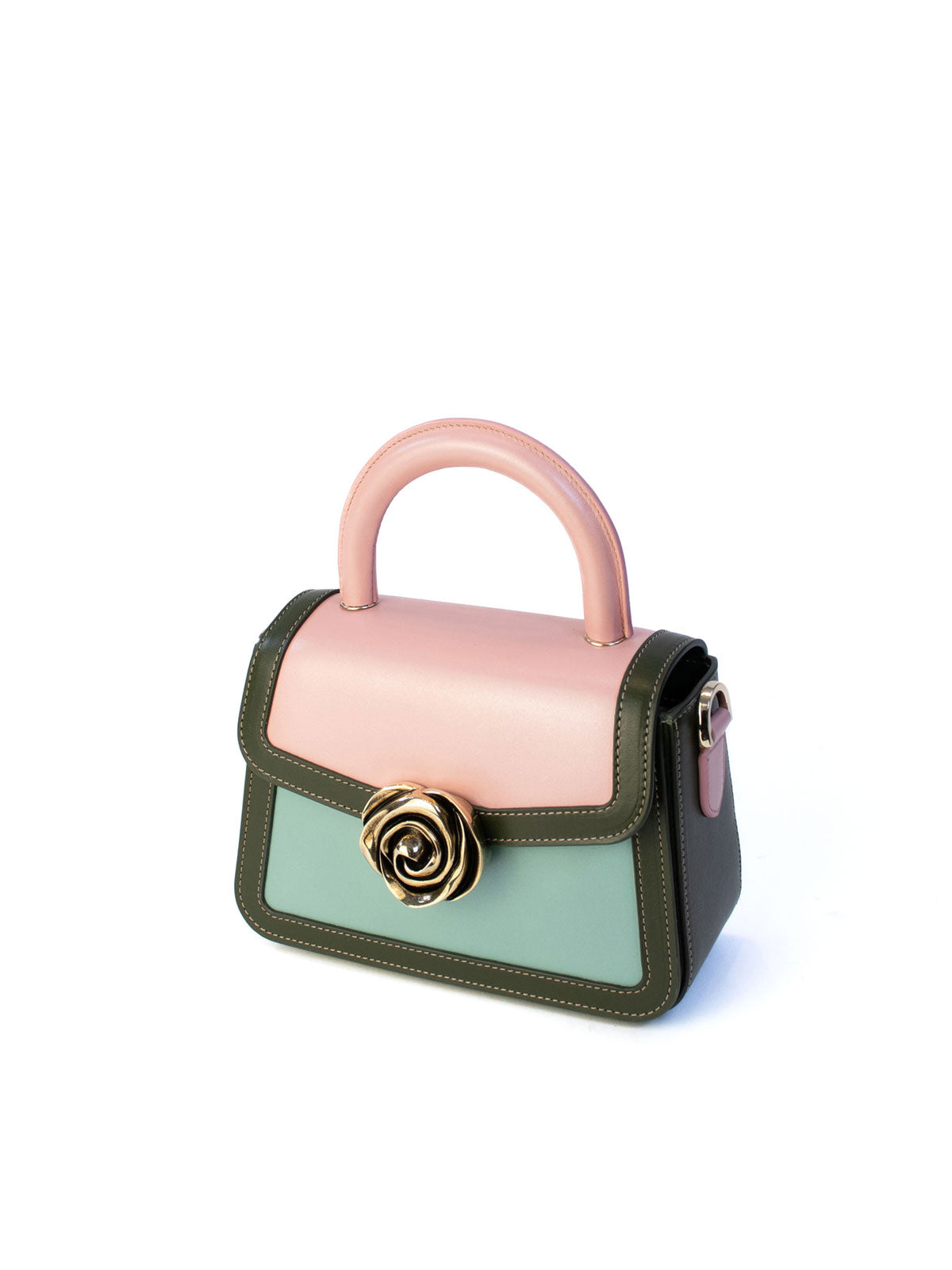 Candy Bag – French-deisnged, Italian made luxury handbag with smooth calf leather, rose-shaped clasp, and sleek design, crafted in Italy with premium materials.