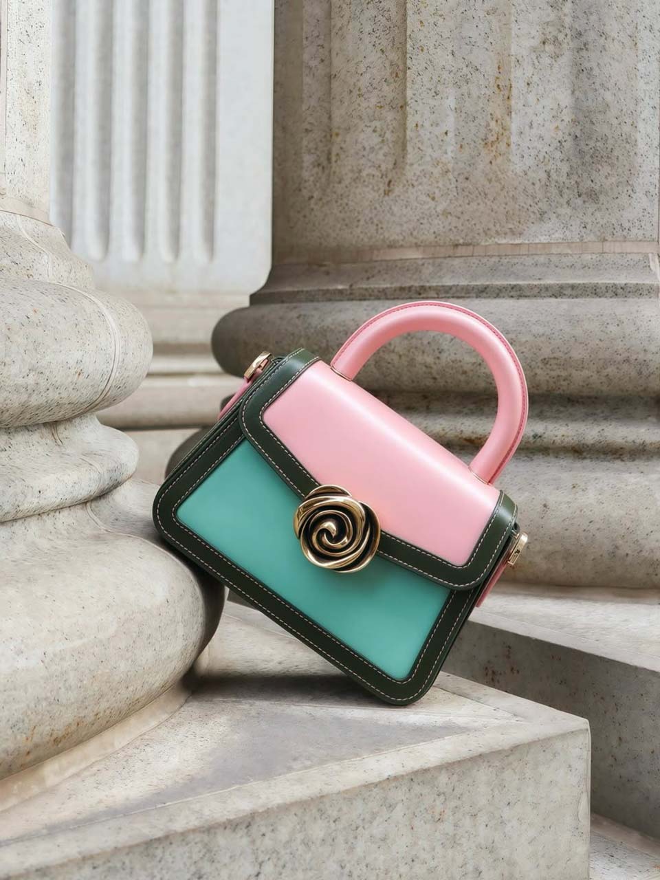 Candy Bag – French-deisnged, Italian made luxury handbag with smooth calf leather, rose-shaped clasp, and sleek design, crafted in Italy with premium materials.