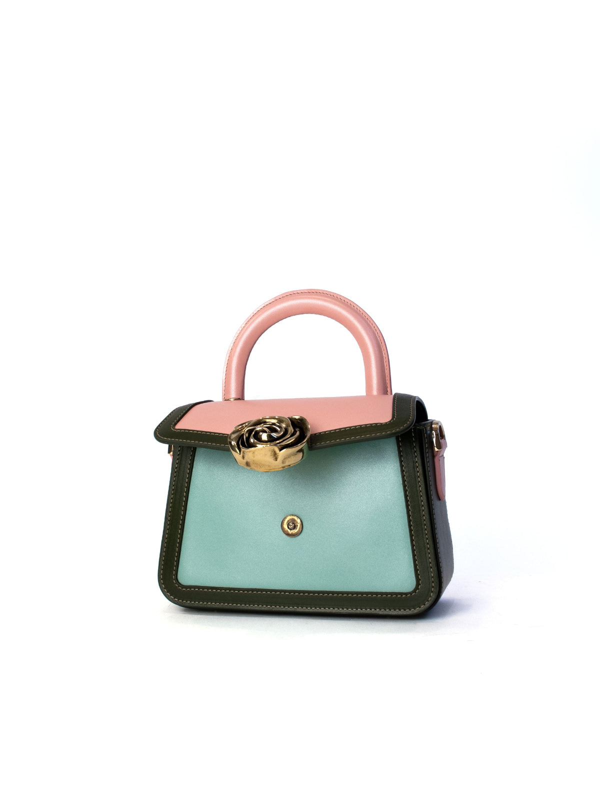 Candy Bag – French-deisnged, Italian made luxury handbag with smooth calf leather, rose-shaped clasp, and sleek design, crafted in Italy with premium materials.