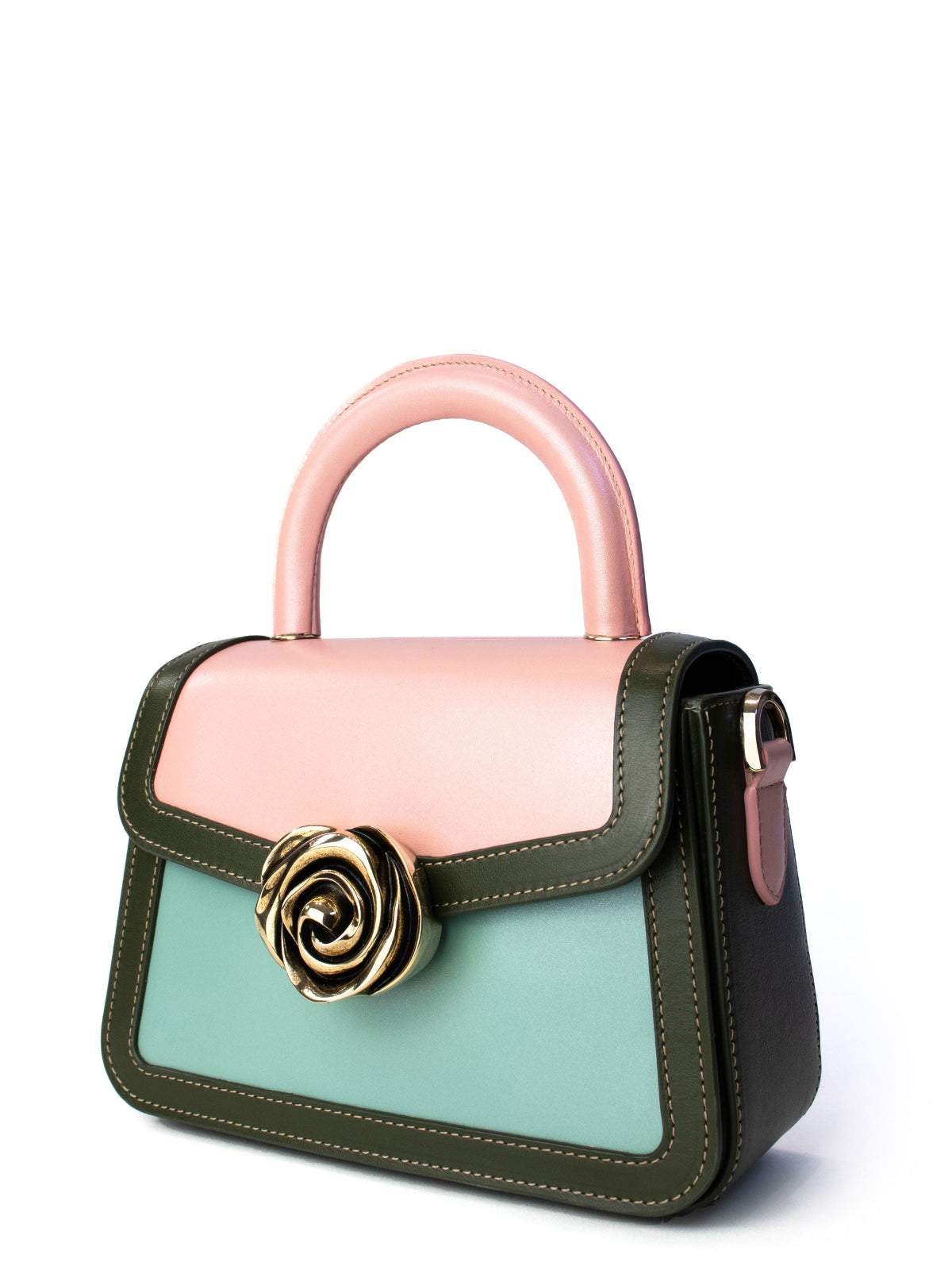 Candy Bag – French-deisnged, Italian made luxury handbag with smooth calf leather, rose-shaped clasp, and sleek design, crafted in Italy with premium materials.