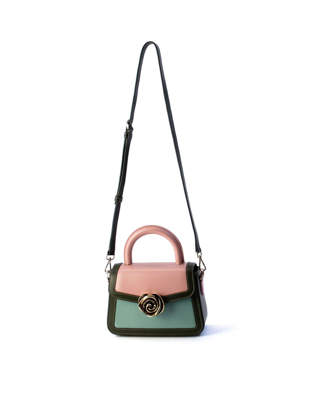 Candy Bag – French-deisnged, Italian made luxury handbag with smooth calf leather, rose-shaped clasp, and sleek design, crafted in Italy with premium materials.