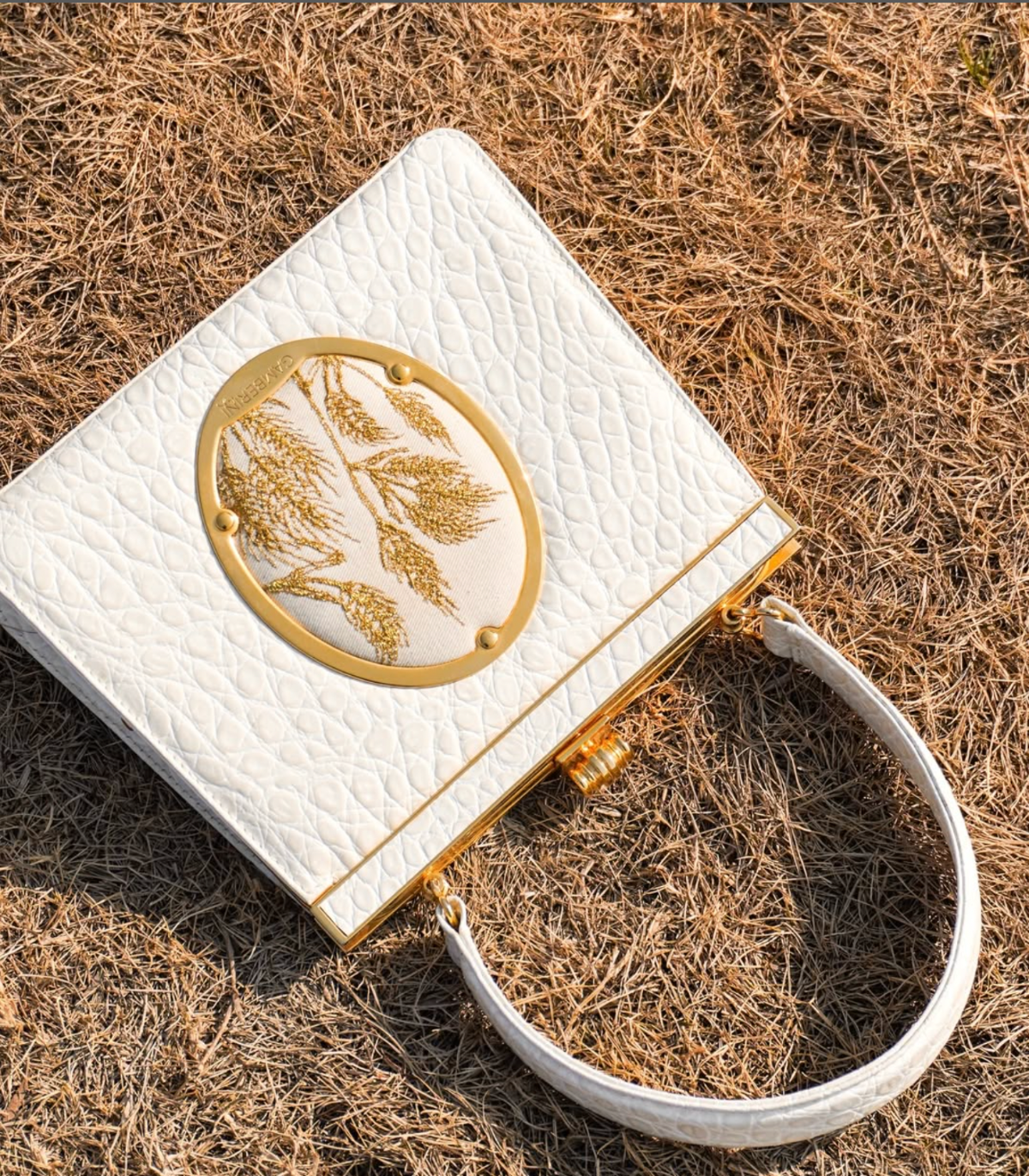 Gamberini Bag. Model Maria in White. All premium Italian calf skin handbag, 18k gold-plated accessories, LWG globally certified leathers. 