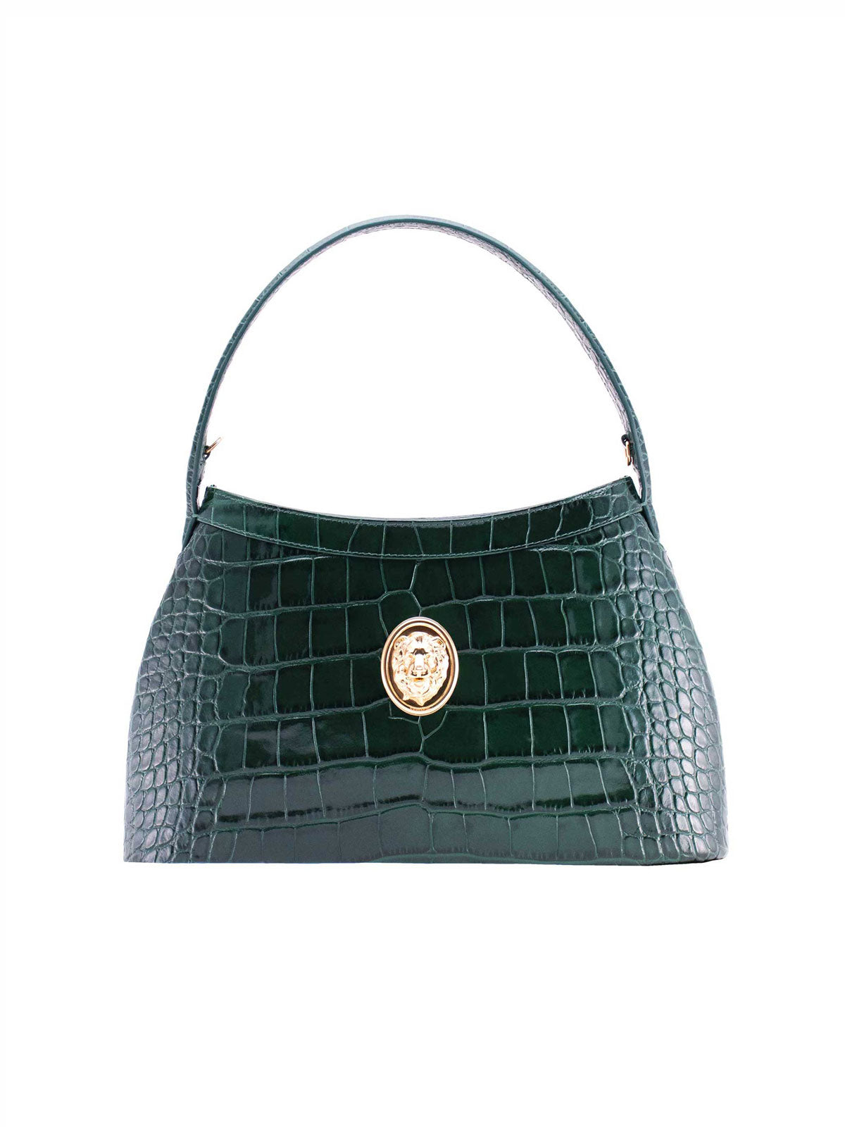 Gamberini Bag. Premium Italian calfskin leather. 18K gold-plated oval accessory. Hand-sewn embroidery. 