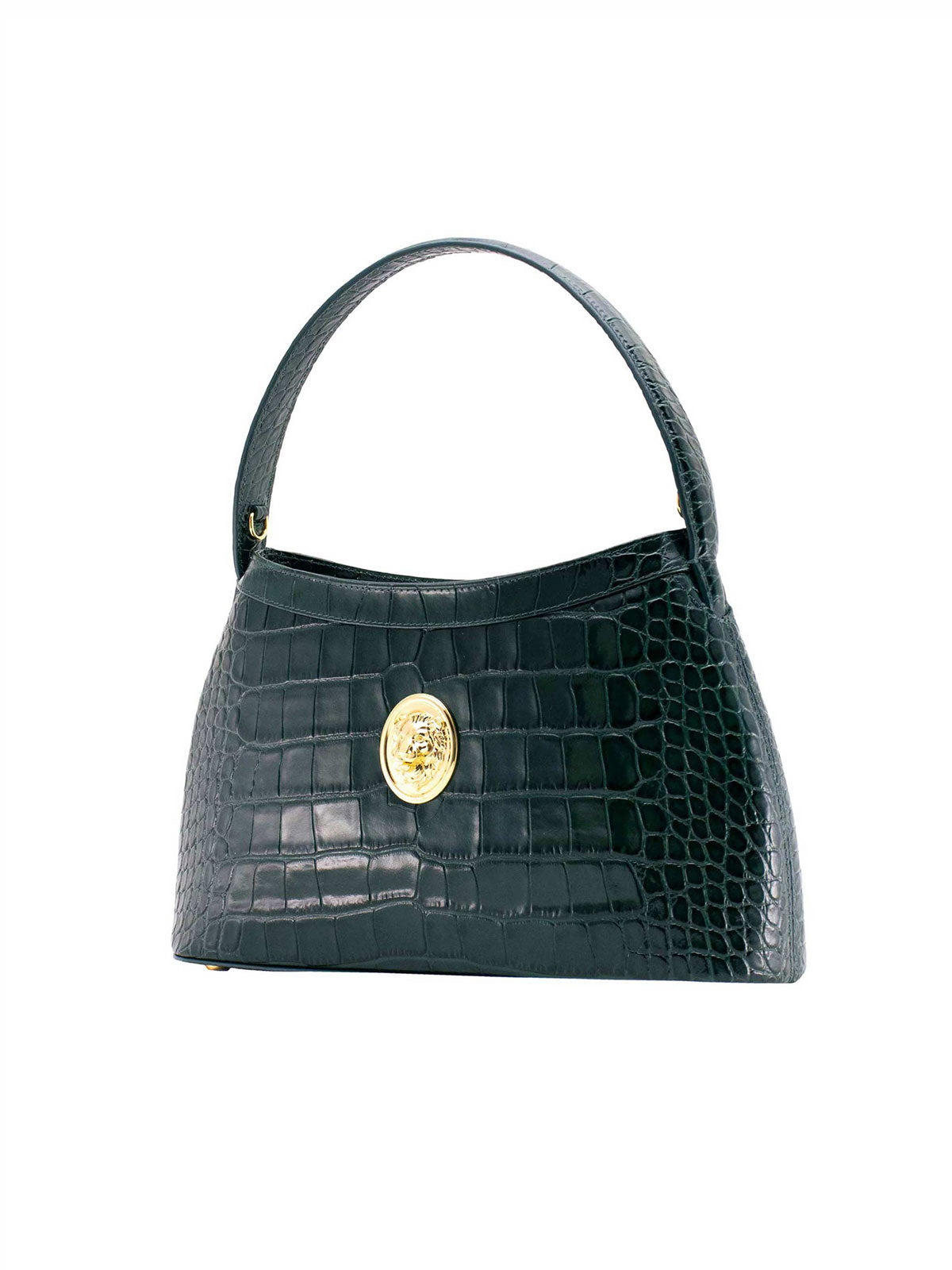 Gamberini Bag. Premium Italian calfskin leather. 18K gold-plated oval accessory. Hand-sewn embroidery. 