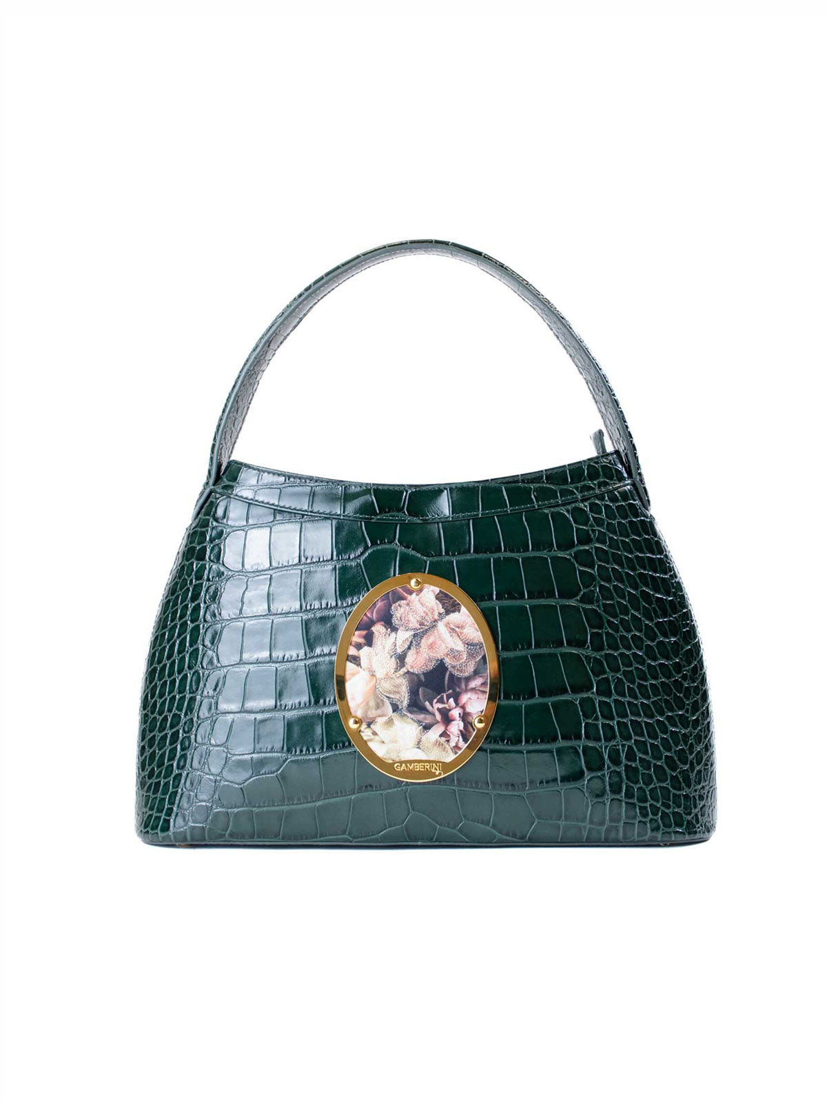 Gamberini Bag. Forest green. Premium Italian calfskin leather. 18K gold-plated oval accessory. Hand-sewn embroidery. 
