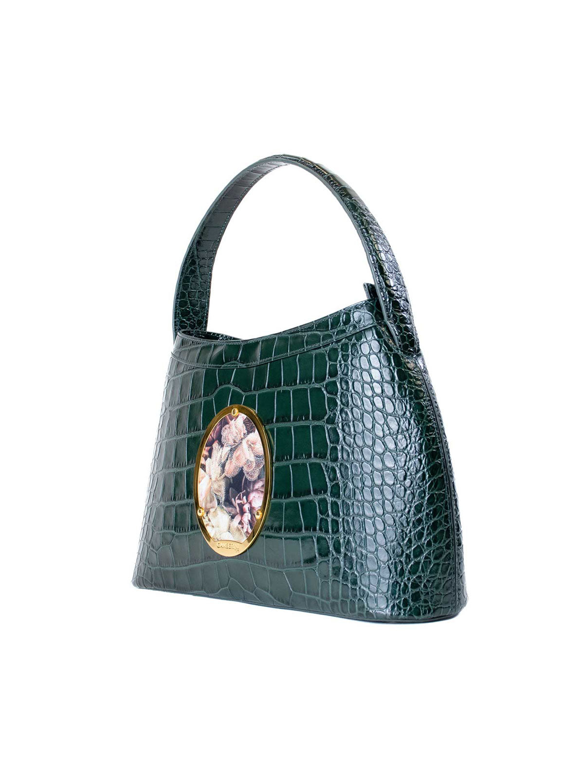 Gamberini Bag. Forest green. Premium Italian calfskin leather. 18K gold-plated oval accessory. Hand-sewn embroidery. 
