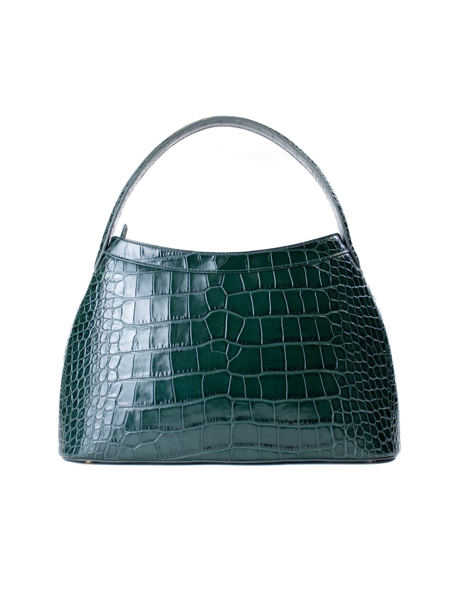 Gamberini Bag. Forest green. Premium Italian calfskin leather. 18K gold-plated oval accessory. Hand-sewn embroidery. 
