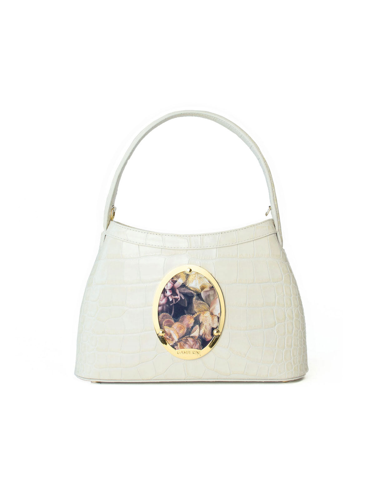 Gamberini Bag. Premium Italian calfskin leather. 18K gold-plated oval accessory. Hand-sewn embroidery. 