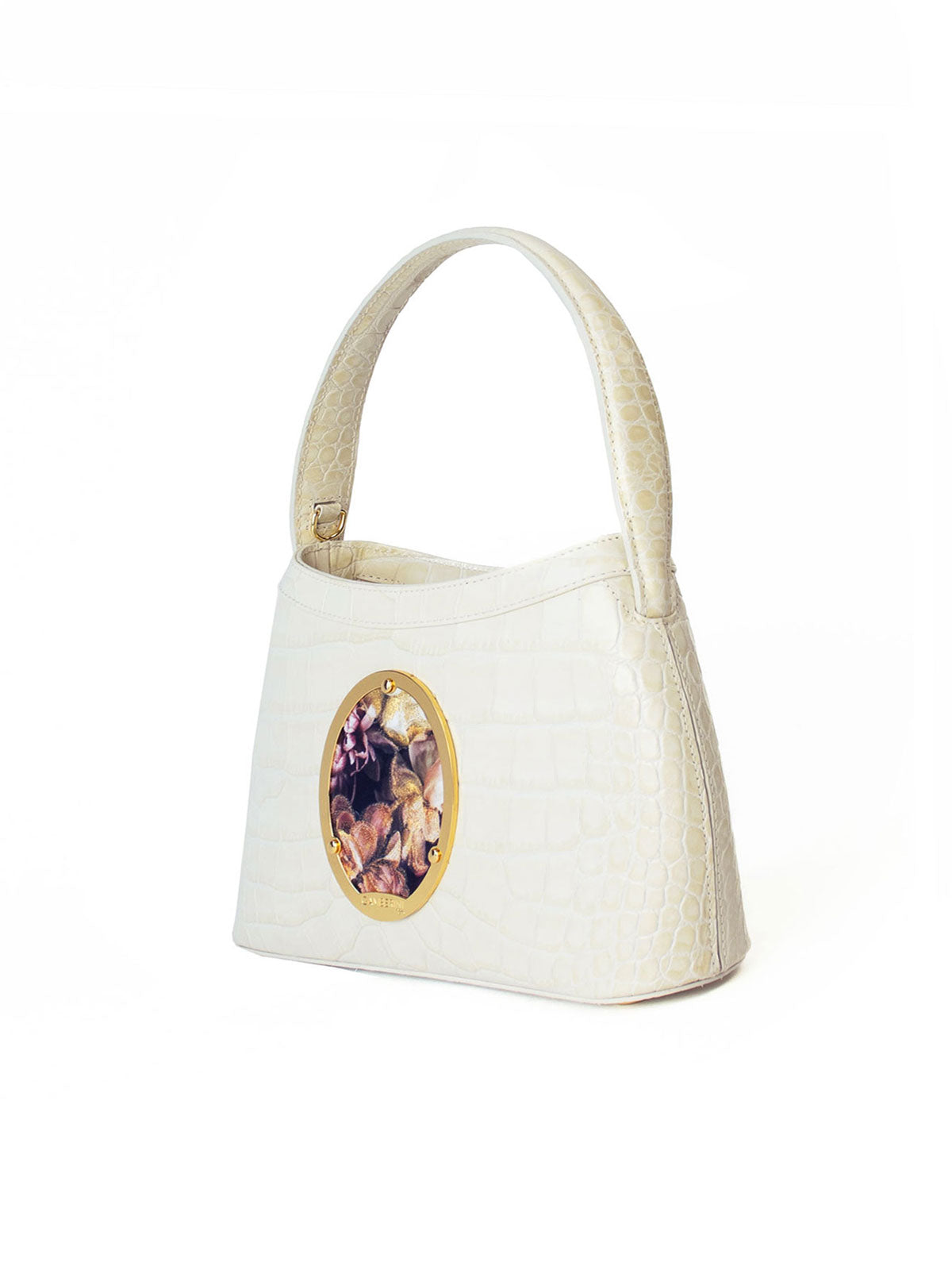 Gamberini Bag. Premium Italian calfskin leather. 18K gold-plated oval accessory. Hand-sewn embroidery. 