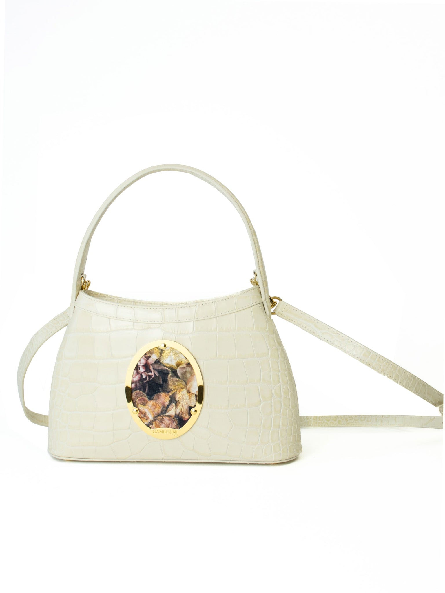 Gamberini Bag. Premium Italian calfskin leather. 18K gold-plated oval accessory. Hand-sewn embroidery. 