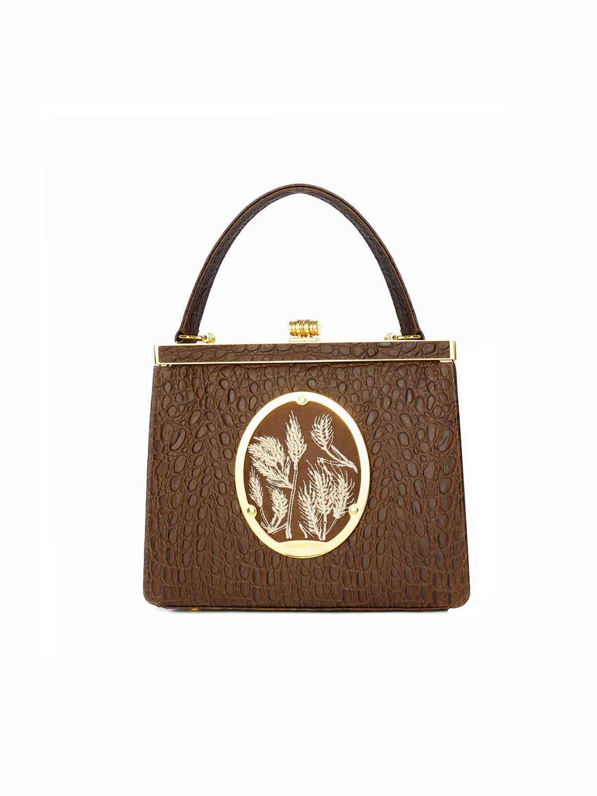 Maria Bag – Luxury Italian Handbag with Timeless Elegance. Traditional Italian craftsmanship with modern aesthetics.  18K gold-plated oval frame, adorned with hand embroidered golden wheat.