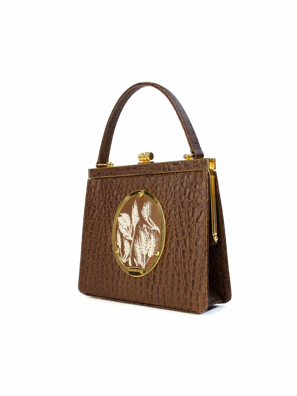 Maria Bag – Luxury Italian Handbag with Timeless Elegance. Traditional Italian craftsmanship with modern aesthetics.  18K gold-plated oval frame, adorned with hand embroidered golden wheat.