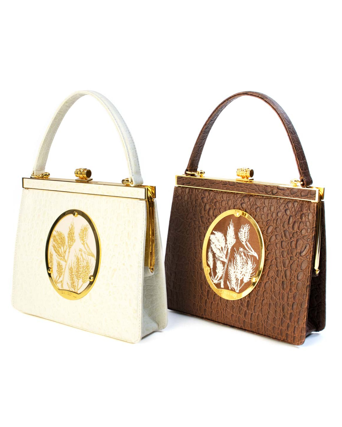 Maria Bag – Luxury Italian Handbag with Timeless Elegance. Traditional Italian craftsmanship with modern aesthetics.  18K gold-plated oval frame, adorned with hand embroidered golden wheat.