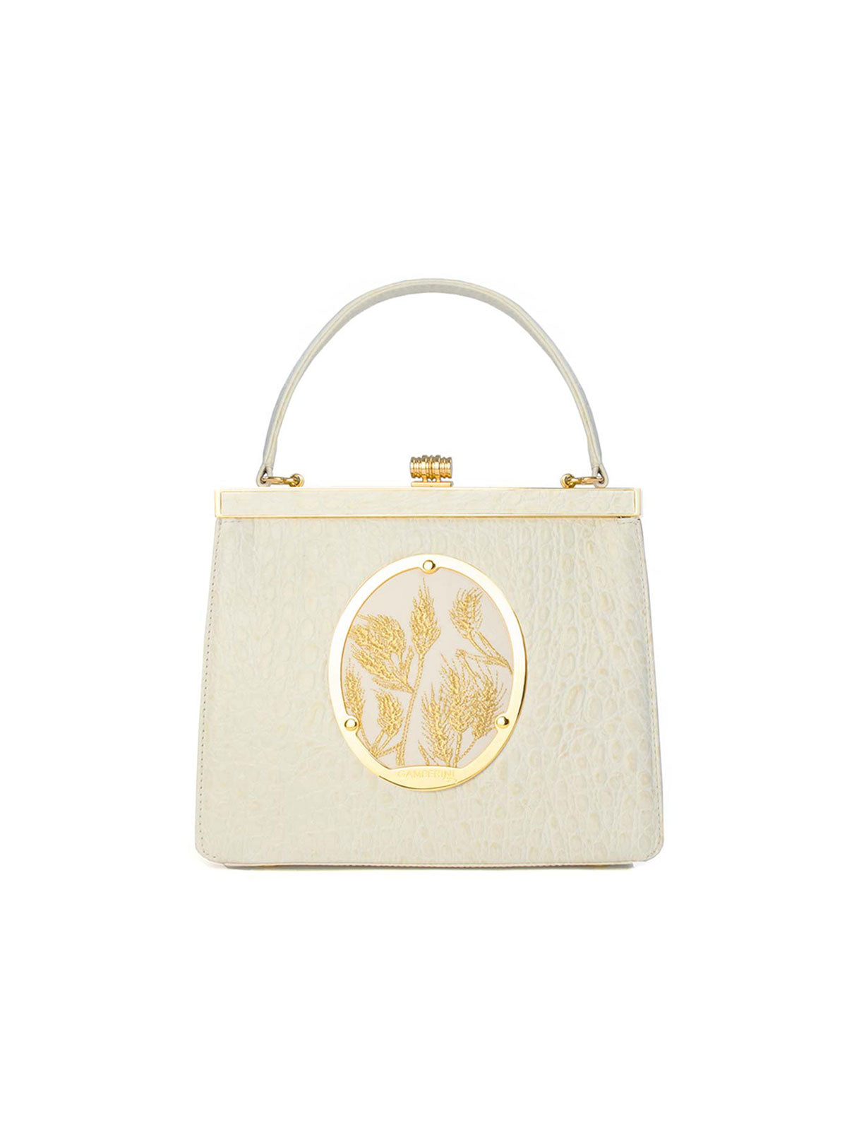 Maria Bag – Luxury Italian Handbag with Timeless Elegance. Traditional Italian craftsmanship with modern aesthetics.  18K gold-plated oval frame, adorned with hand embroidered golden wheat.