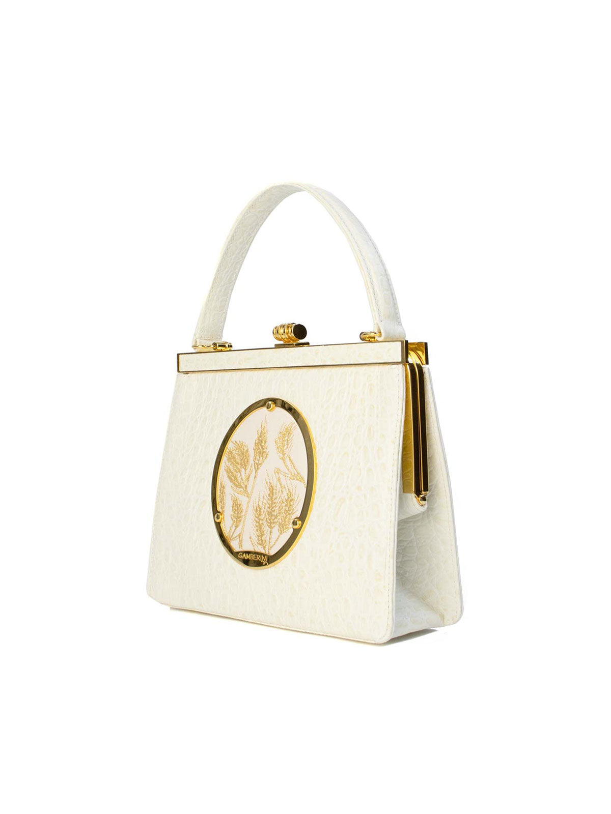 Maria Bag – Luxury Italian Handbag with Timeless Elegance. Traditional Italian craftsmanship with modern aesthetics.  18K gold-plated oval frame, adorned with hand embroidered golden wheat.