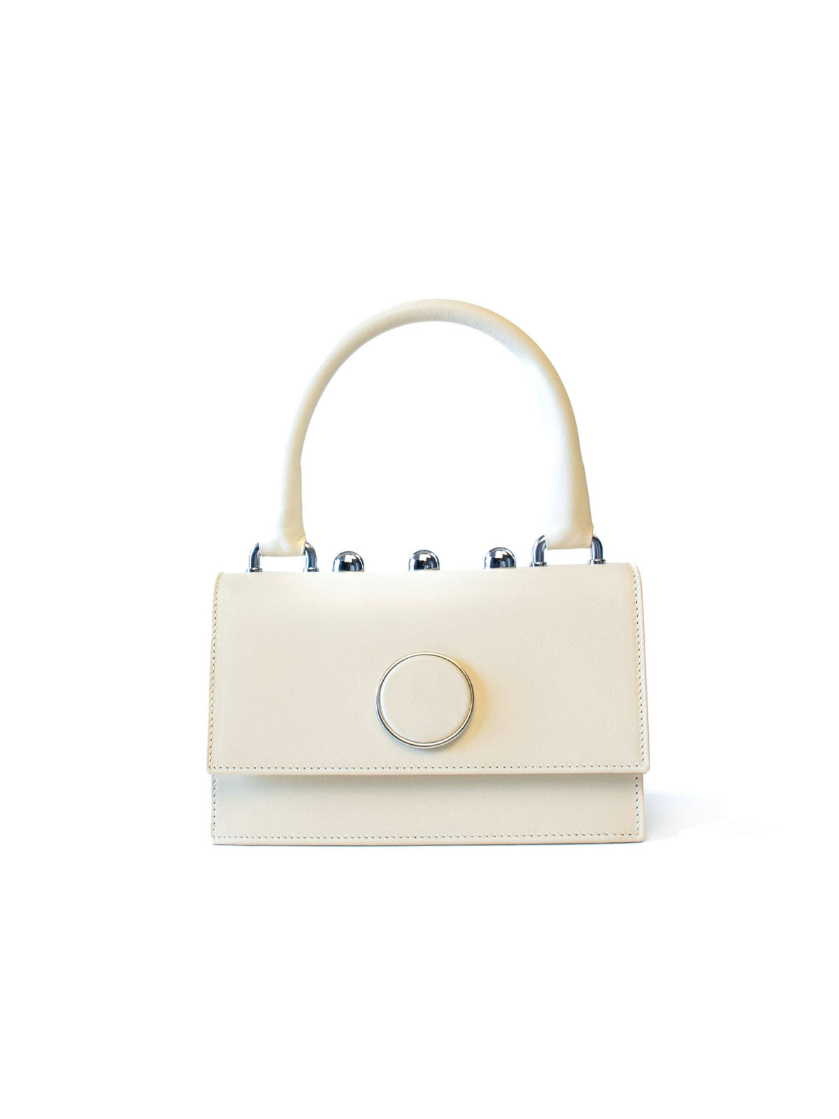 Ambra Bag – Italian crafted handbag with detachable shoulder strap, flap closure, silver-toned accessories, and three rounded studs.