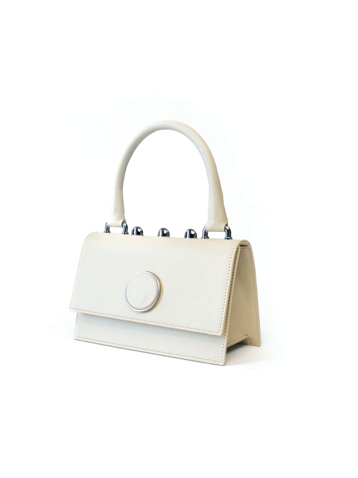 Ambra Bag – Italian crafted handbag with detachable shoulder strap, flap closure, silver-toned accessories, and three rounded studs.