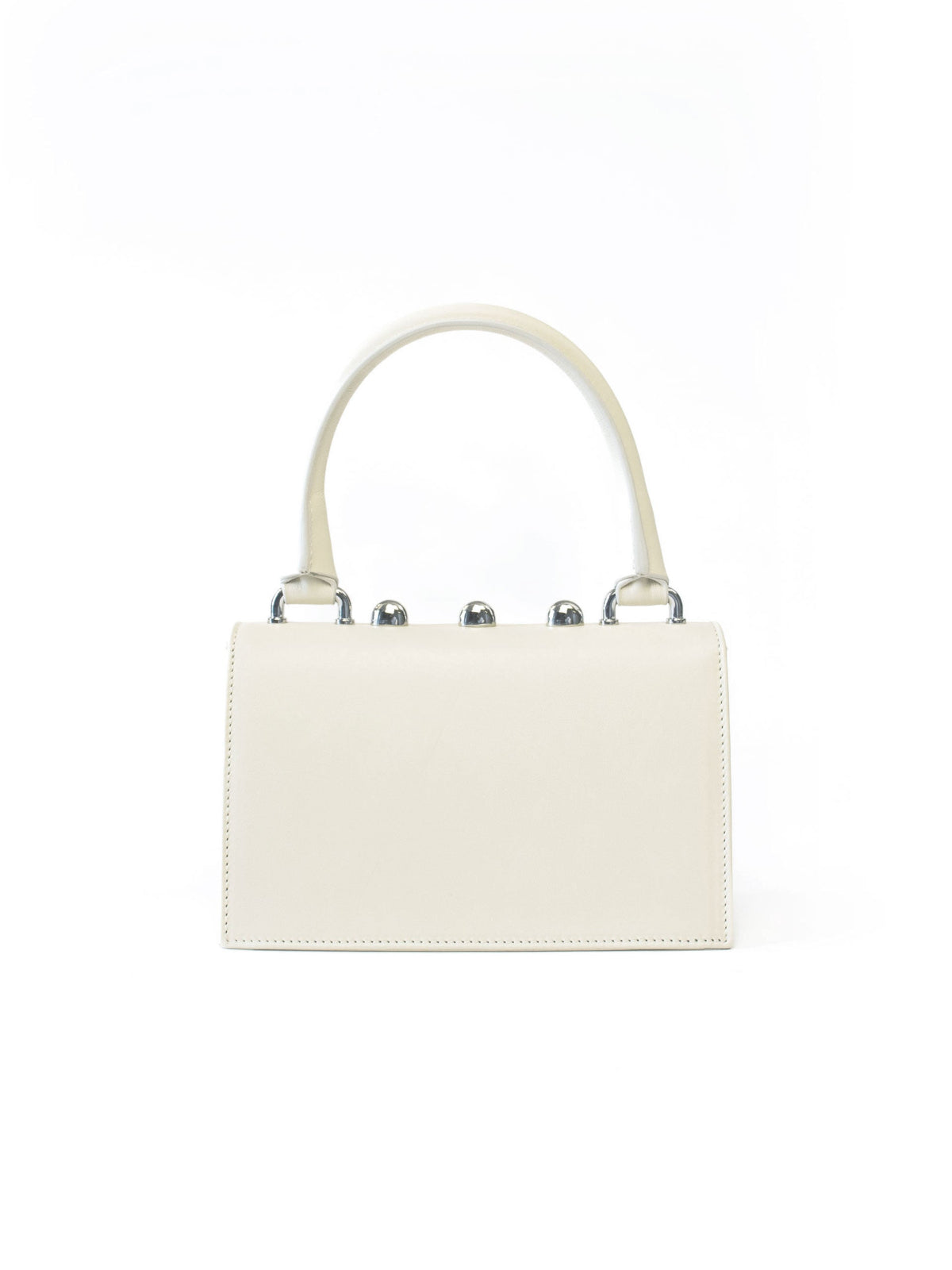 Ambra Bag – Italian crafted handbag with detachable shoulder strap, flap closure, silver-toned accessories, and three rounded studs.