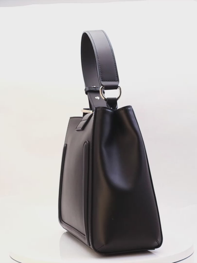 Marina Lorenzi. Ariel Bag – Elegant, modern Italian leather handbag with a contrasting shoulder strap. Premium Italian calf leather. 18k gold-plated accessories. Perfect for work, travel, and everyday sophistication.